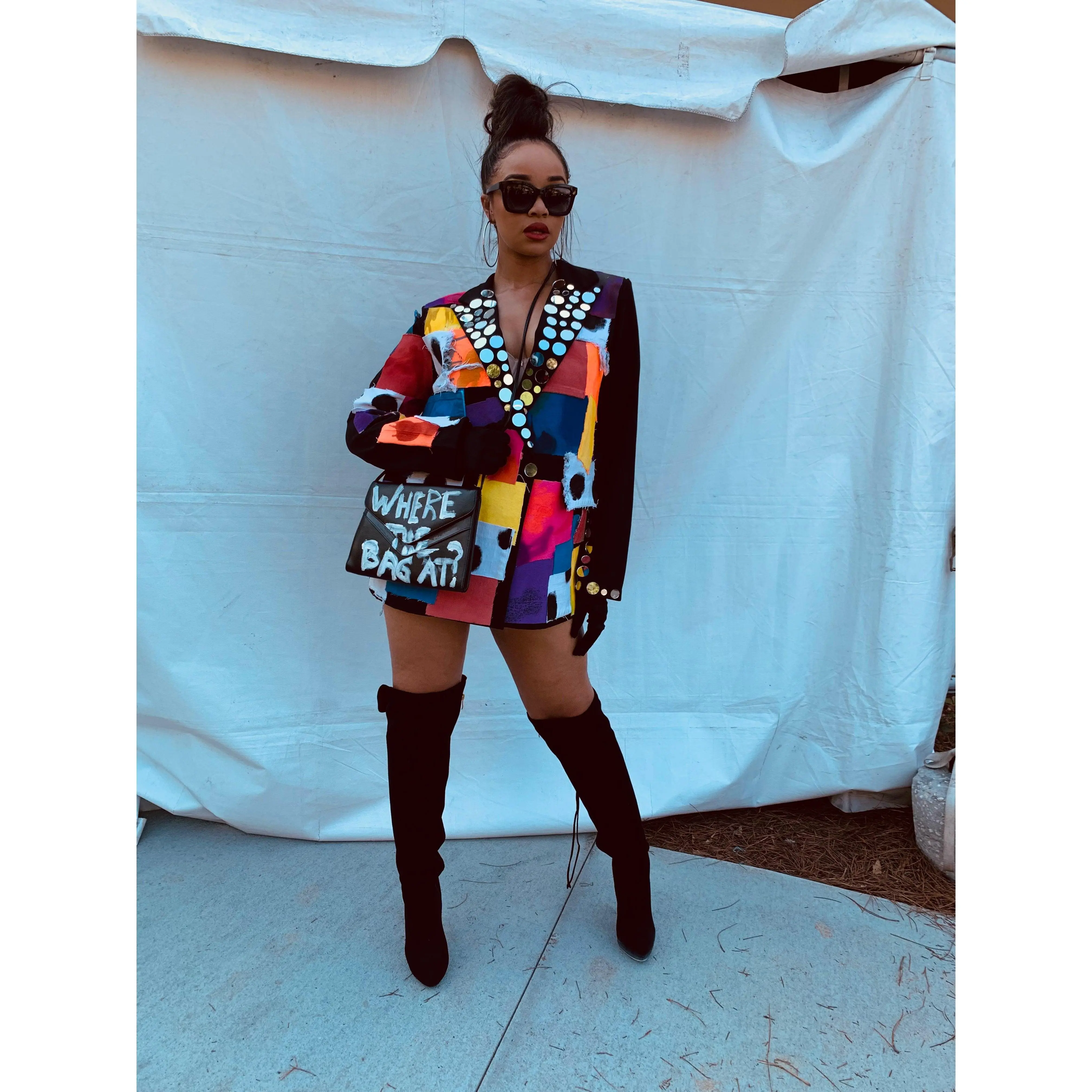 Women's Vintage Recycled Fabric Long Sleeve Blazer - Custom Made, Made by Hand, The World is Watching Patchwork, Hand-Painted Detail, Mirror Accents, True Size, M, Blazer is Unique