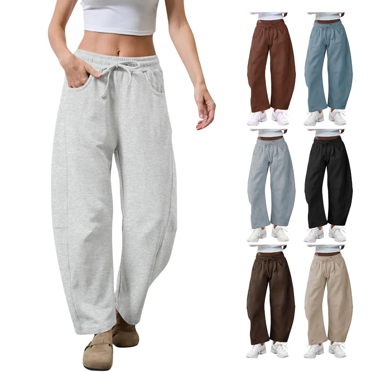 SCUSTY Women's Soft Minimalist Plain Basic Barrel Leg Sweatpants Drawstring Elastic High Waist Cotton Wide Leg Casual Daily Lounge Vacation Bottoms With Side Pockets