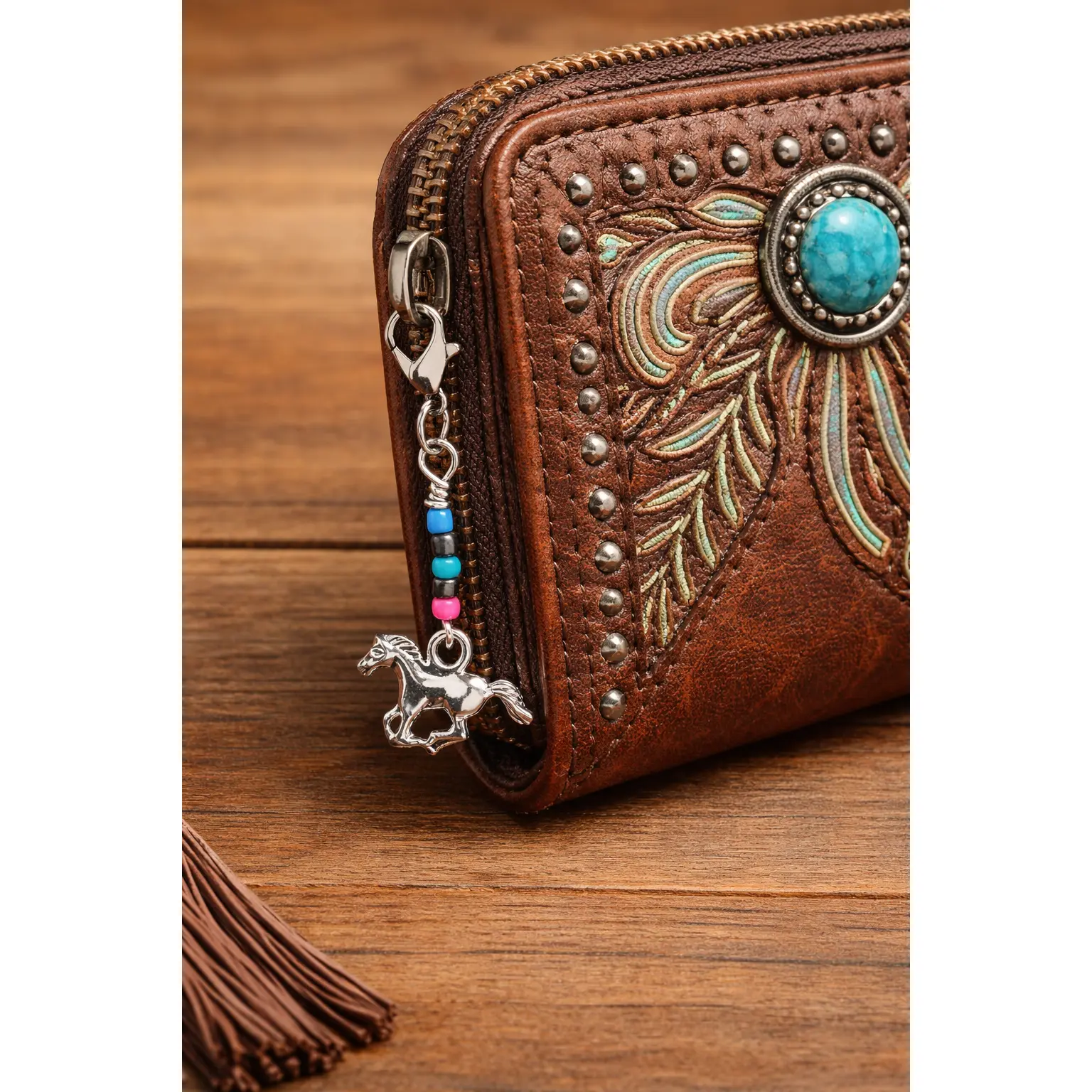 Handcrafted Western Flair Clip-On Zipper Charm - 2 in Luggage & Bag Accessory, Galloping Silver Horse Pendant & Seed Beads, Colorful Bag Charms & Twillies, Unisex Gift for Adults Horse Lovers, Gift For Horse Lovers