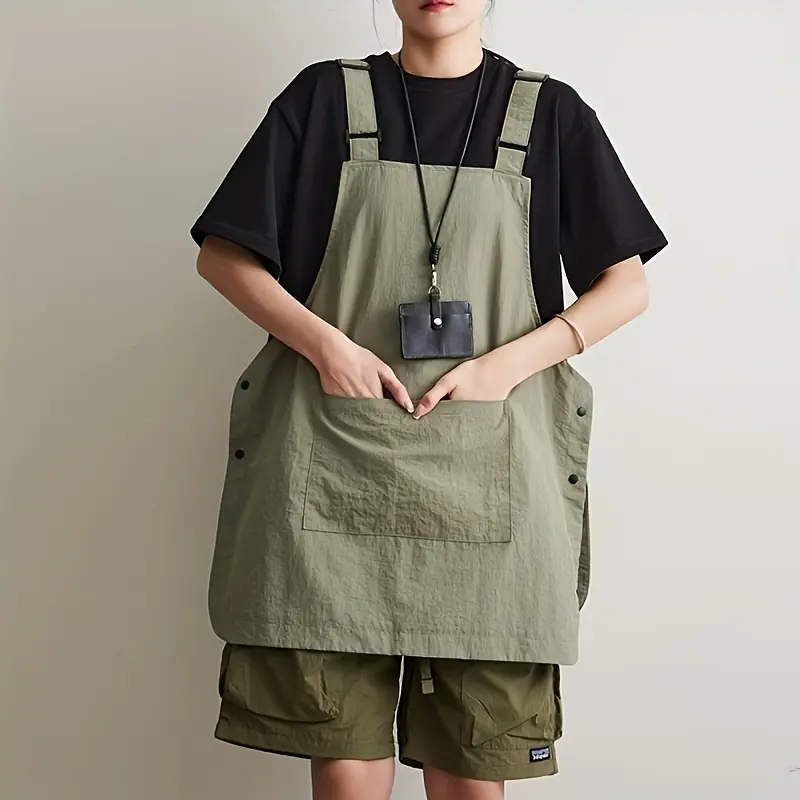Fashion Unisex Multifunctional 300gsm Polyester Heavy-Duty Work Apron - Adjustable Straps, Multiple Pockets, Plain Utilitarian Look - Olive Green - Daily Kitchen, BBQ Home Supplies