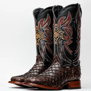 Brown Mini Pirarucu Leather Boots - Square Toe