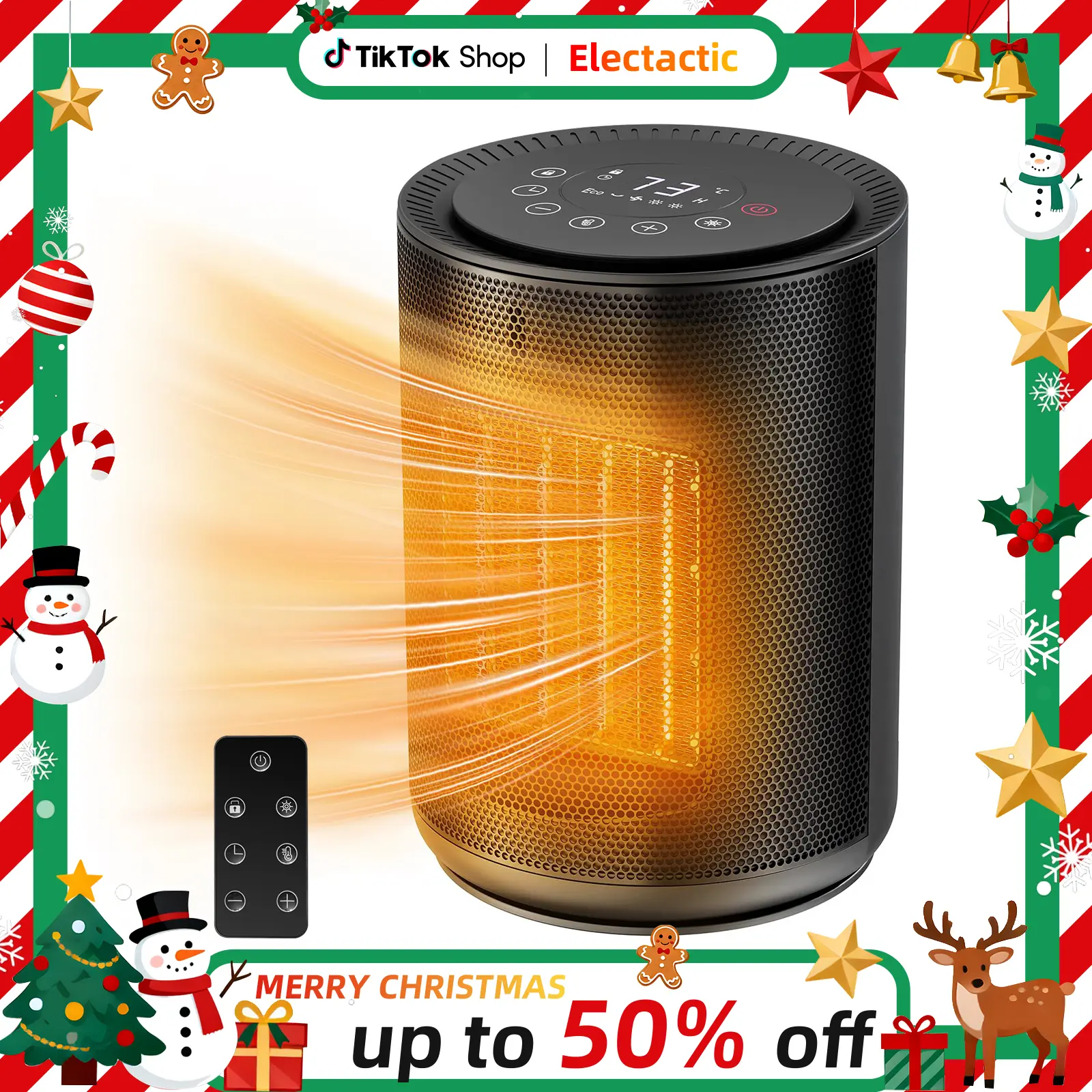 Electactic 1500W Smart Ceramic Space Heater - Fast Heating Warmer with Digital Thermostat, ECO Mode, Remote, 24H Timer, Overheat Protection, Silent, Lock, Energy Efficient, Fan Only for Bedroom, Home Use, With Lock