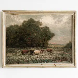 Vintage Country Painting with Cow near a pond  | Countryside Landscape Cattle Grazing | Antique Farmhouse Printable |   Art