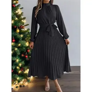 Women's Solid Belted Pleated A Line Dress, Elegant Bishop Sleeve Stand Collar Long Dress for Party Holiday Wedding Guest, Ladies Fall & Winter Clothes