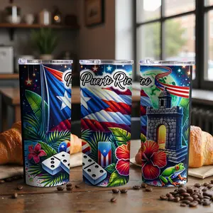 Puerto Rican Boricua Tumbler | 20oz Skinny Stainless Steel Cup with Lid & Straw | PR Flag, Coquí, El Morro, Hibiscus | Gift for Puerto Ricans