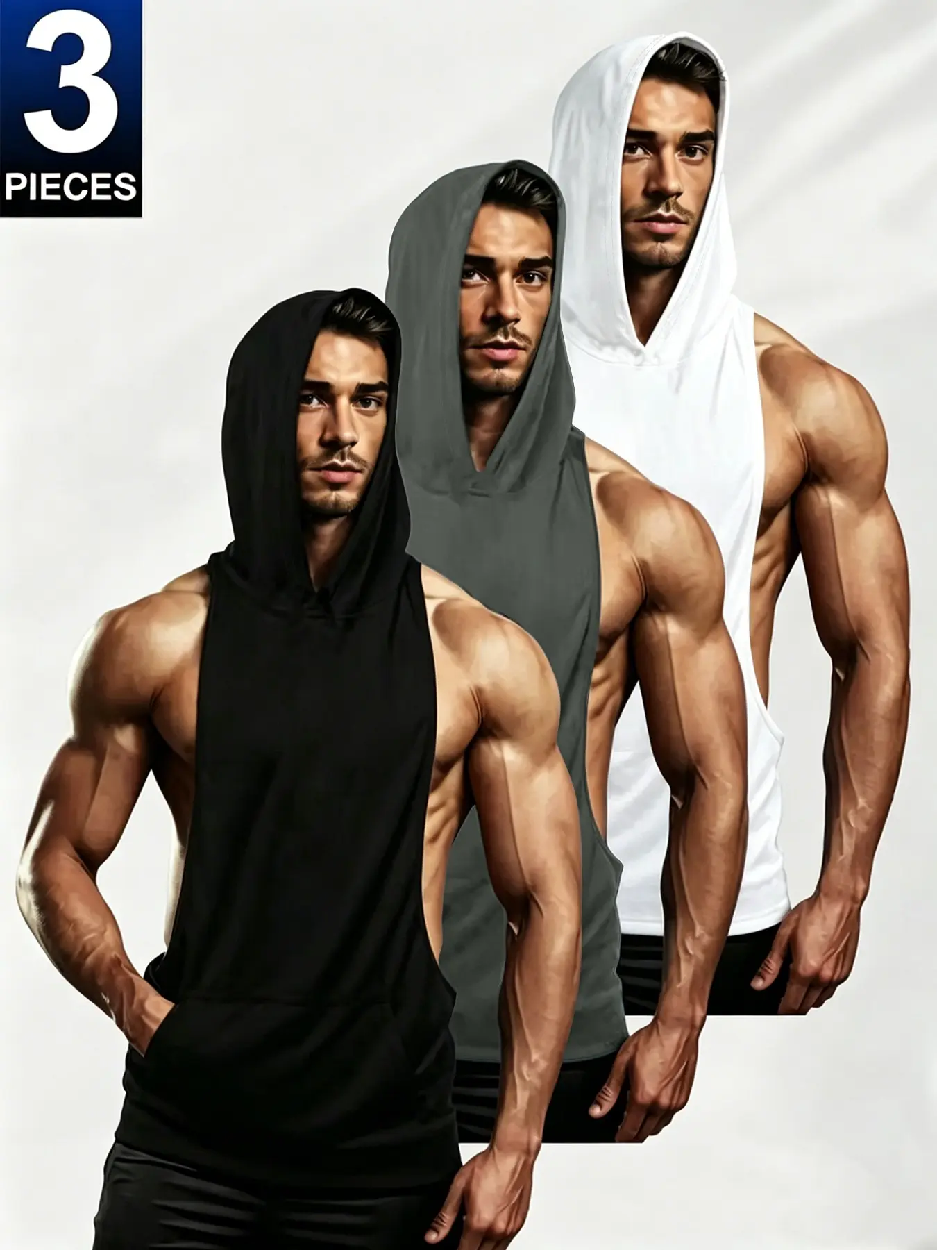 3-Pack Men's Sleeveless Hooded Tank Tops, Breathable Fitness Exercise Wear Hoodies with Pockets, Casual Workout Tops & Bodybuilding Shirts, Ideal for Training, Running, Streetwear