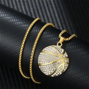 Hip Hop Iced Out Basketball Pendant Necklace for Men Gold Rhinestone Sports Chain Streetwear Jewelry