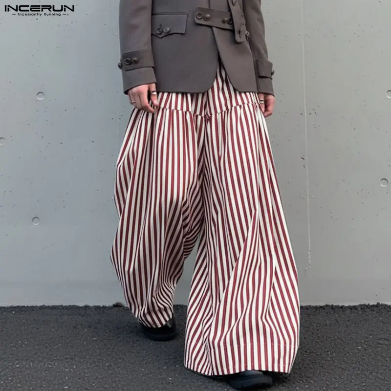 INCERUN Men's Long Pinstriped Fabric Pants - 100% Polyester, Simple Minimalist Bottoms for Spring & Summer, Available in 2XL