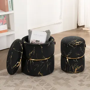 Furnimart Round Velvet Storage Ottoman,vanity Stool Chair,Upholstered Foot Rest Stool with Gold Plating Band for Living Room or Bedroom,Pack of 2