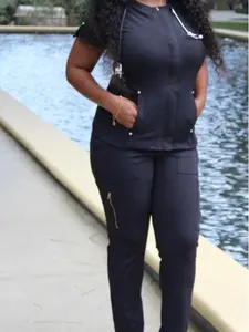 Women’s Premium Black Scrub Set – Stretch Fit Medical Uniform with Zipper Detail Pants