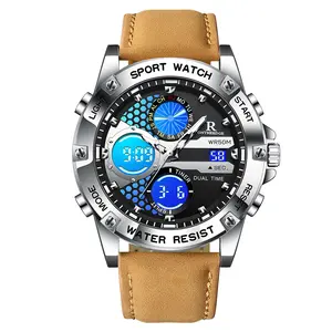 Men's Military Sport Digital Analog Quartz Watch - 50M Waterproof Wristwatch with LED Backlight, Dual Time, Alarm, Stopwatch, Tactical Outdoor Watch for Men, Brown Leather Strap, Perfect Gift for Him