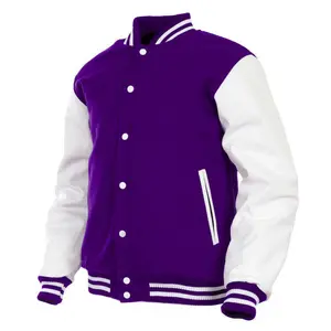 Deckra Women's Varsity Wool Leather Baseball Jacket - Casual Multi-Size Letterman Sports Outerwear, Button Closure, Polyester-Blend Top, Embroidery, Pocket, Purple/White Clothes