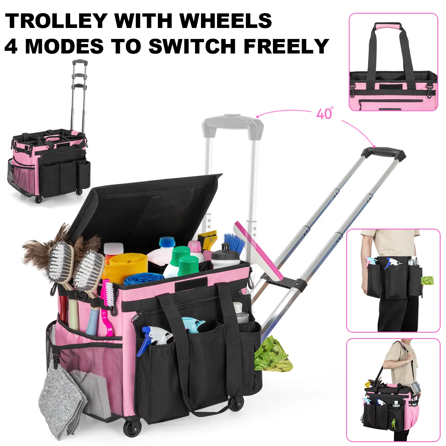 Large Rolling Cleaning Caddy Bag with Detachable Trolley, Waterproof Cleaning Caddy on Wheels for Housekeepers, Cleaning Cart Supplies Organizer for Home,Car,Office,Picnic (Pink)