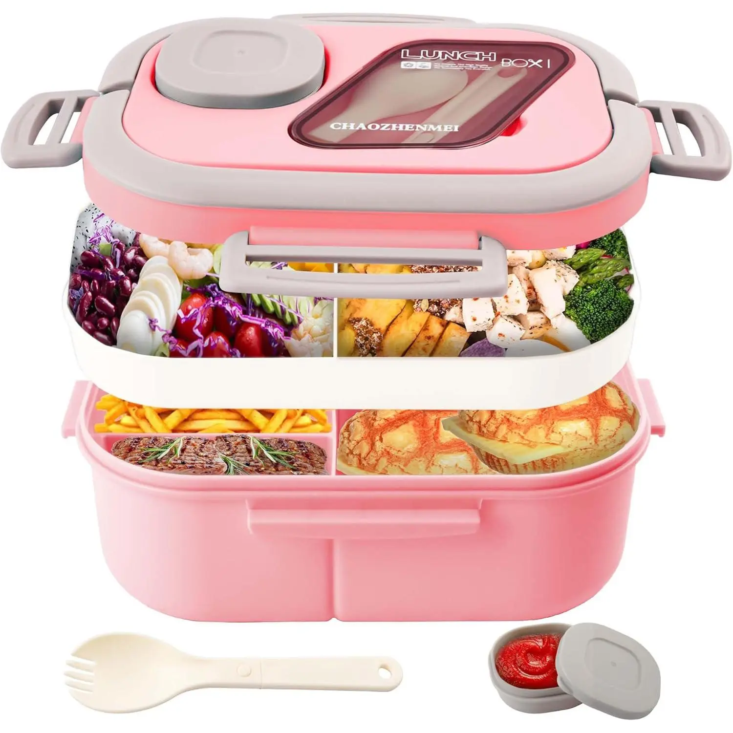 Adults Bento Lunch Box,Salad Container Large 43oz Salad Bowl, Bento-Style Tray for Toppings, 3oz Sauce Container for Dressings, and Built-In  Fork (Pink)