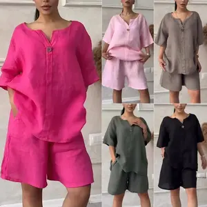 Women's 2-Piece Plus Size Cotton-Linen Clothing Set, 2026 Summer Elegant Solid Loose Shirt and High-Waisted Shorts, Women's Clothes for Curvy Figures, 2 Piece Sets Women, Plus Size Clothes