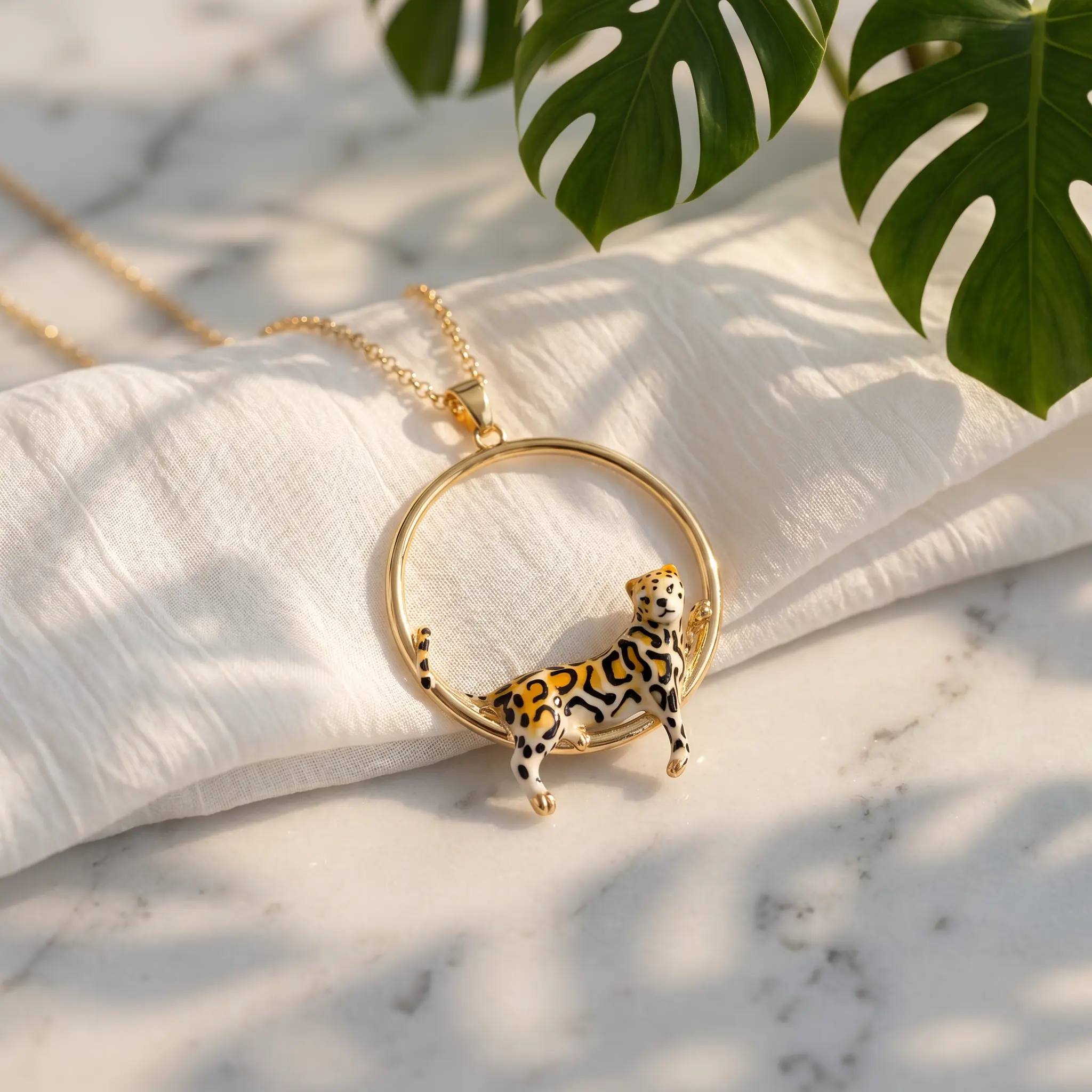 Hand-Painted Leopard Pendant Necklace, Gold Plated Enamel Big Cat Charm, Animal Jewelry Gift for Her  - leopard necklace, cheetah necklace, animal pendant, gold pendant, enamel jewelry, hand painted necklace, big cat jewelry, safari, statement charm