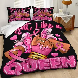 2/3Pcs Fight Like a Queen Pink Duvet Cover Set, Bold Breast Cancer Awareness Bedding Set with Inspirational Design, Soft and Stylish Microfiber, Perfect for Empowering Bedroom Decor, Includes 1 or 2 Pillowcase - No filling/Zipper Closure