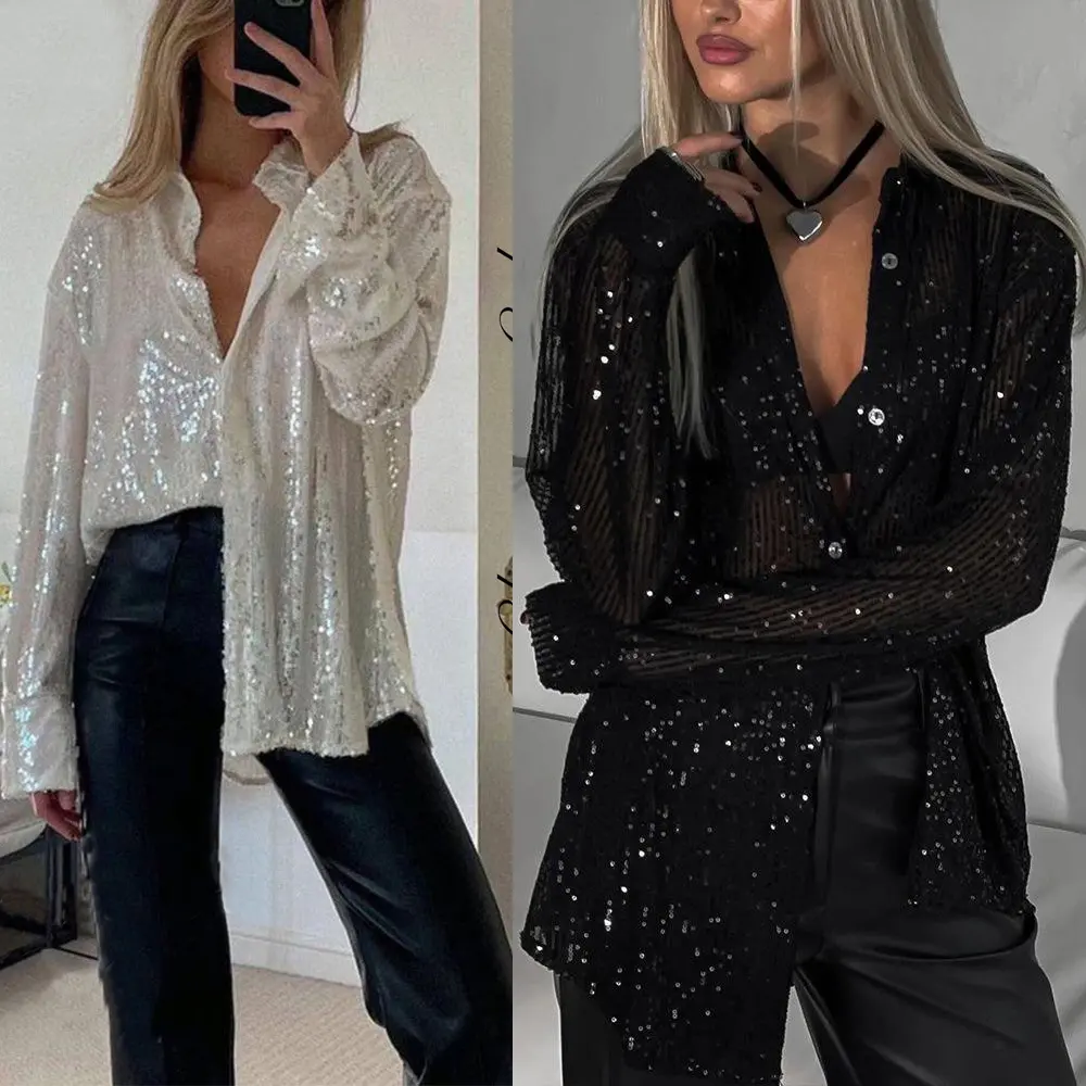 Women’s Sequin Button Up Shirt Jacket, Long Sleeve Collared Sparkly Blouse, Loose Fit 3D Sequin Top for Party, Concert, Festival, Date Night and Going Out Looks S-3XL