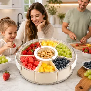 6-Compartment Sturdy Plastic Food Container Tray - Food-Grade, Hygienic, Divided, Multi-Purpose with Transparent Cover, Removable Organizer for Home Party, Kitchen Prep (Fruit, Candy), Divided Food Containers