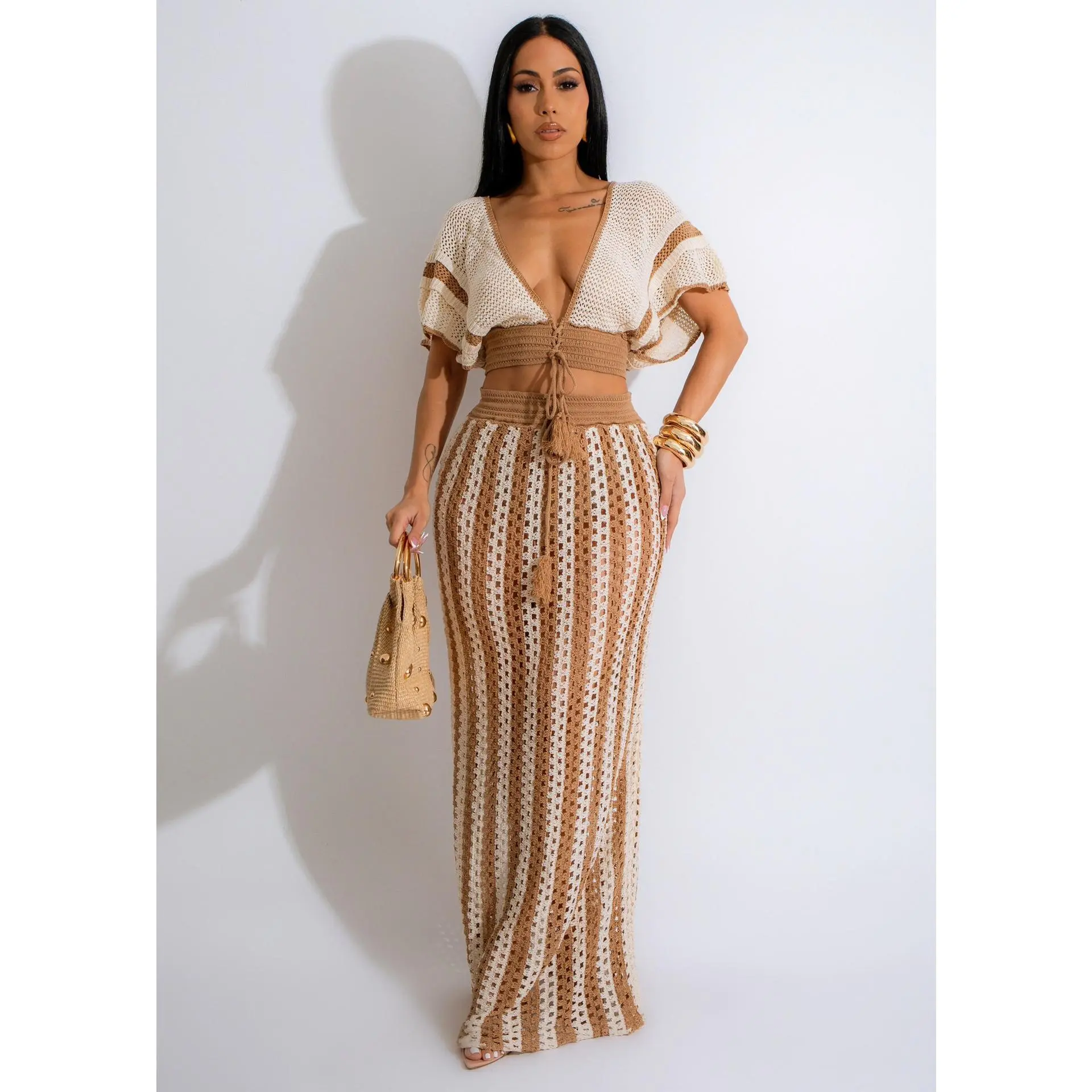 Skirt Sets Women 2 Piece Outfits Crochet Crop Tops and Striped Maxi Skirt Vacation Outfit Hawaiian outfit Featuring an openwork knit texture design Suitable for vacations, beaches, and cruises Valentine's Day