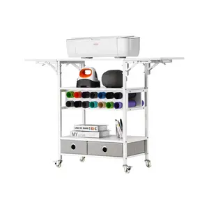 VEVOR Rolling Craft Cart and Storage Table, Compatible with Cricut Machines, Collapsible Cricut Table with Foldable Sides, Craft Rolling Storage Organizer with 14 Vinyl Roll Holders and 2 Drawers
