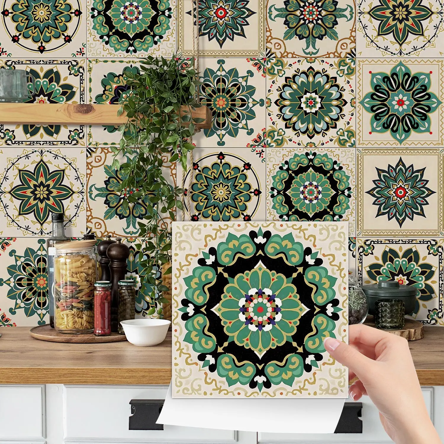 Mosaic Tile Pattern Wallpaper, 24pcs/set Self-adhesive Wall Sticker, Retro Style Wall Decoration, Kitchen Waterproof Backboard Vinyl Wallpaper, Interior Wall Decor, Home Decor