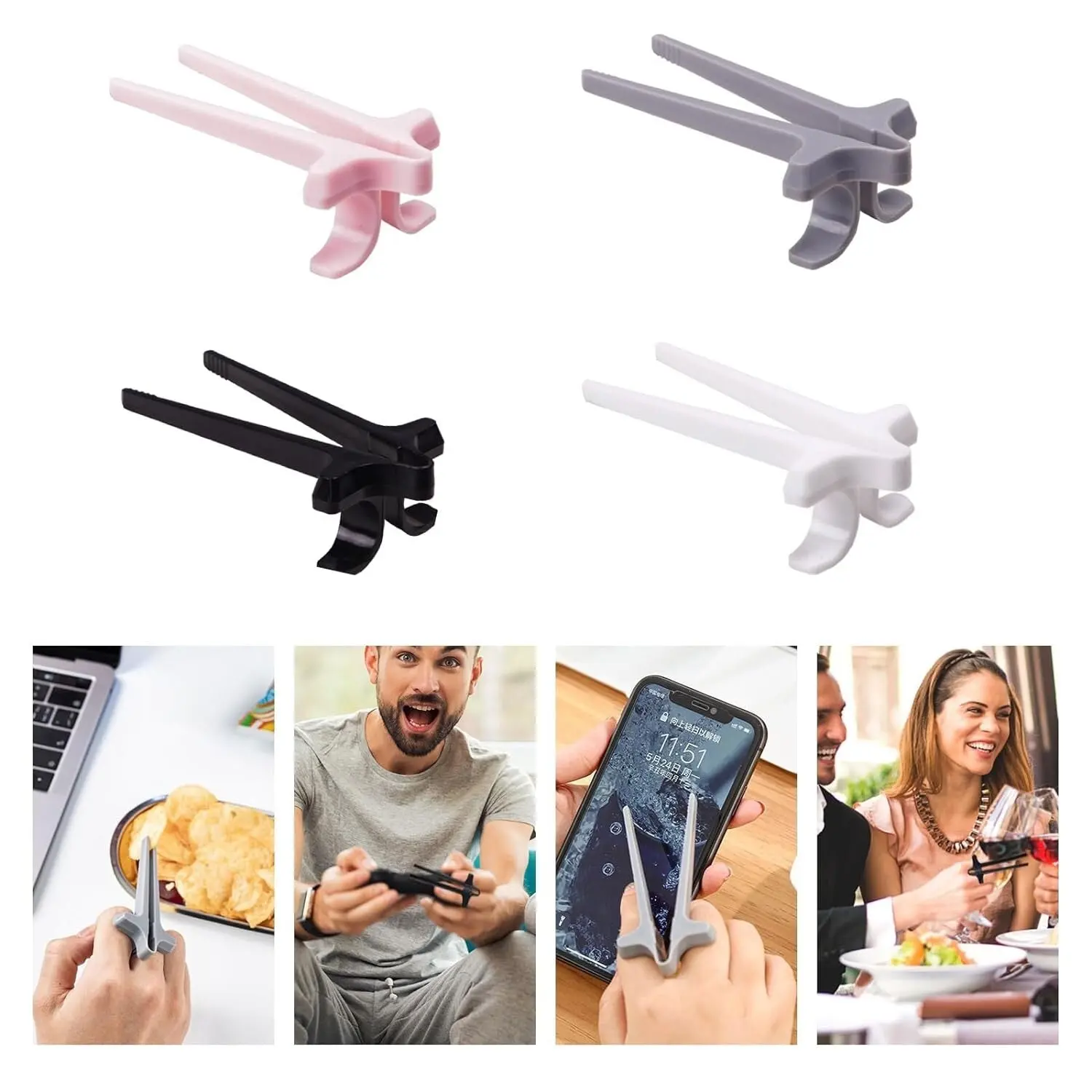 4-Pc Finger Chopsticks for Gamers & Snacking — White, Grey, Pink & Black 4-Pc Finger Chopsticks for Gamers & Snacking — White, Grey, Pink & Black