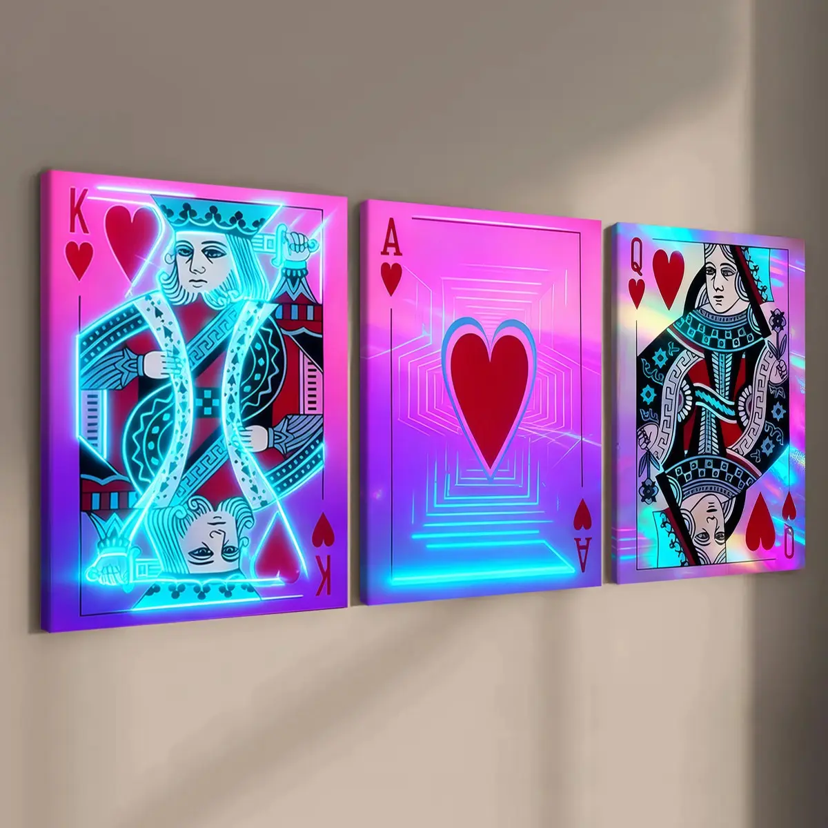 3-count wooden frame canvas, neon cyber-style red heart card poker art poster, Wooden Wall Art, Aesthetic wall decor, game room decoration, living room decor, bedroom decoration, waterproof printing