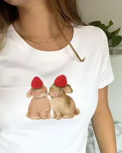 Strawberry Bunnies Baby Tee, Coquette Graphic Top, Cute Baby Tee, Cottagecore Clothing, Vintage Baby Tee Y2k, Soft Girlcore Aesthetic Top