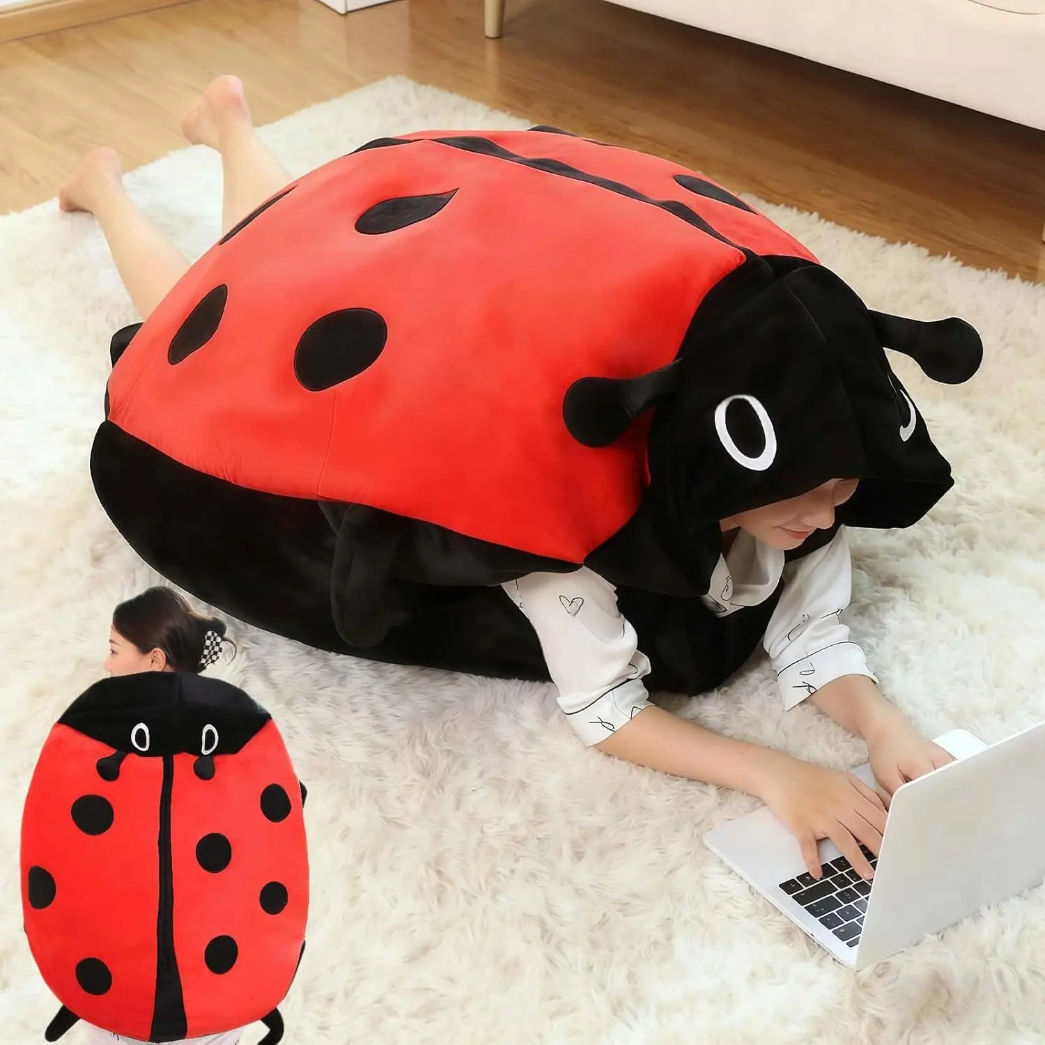 Giant Soft Bug Shaped Stuffed Ladybug Wearable Pillow - Cute Animal Design, Unisex Huggable Collectibles, Animal Merch Stuffed Toy, Soft Stuffed