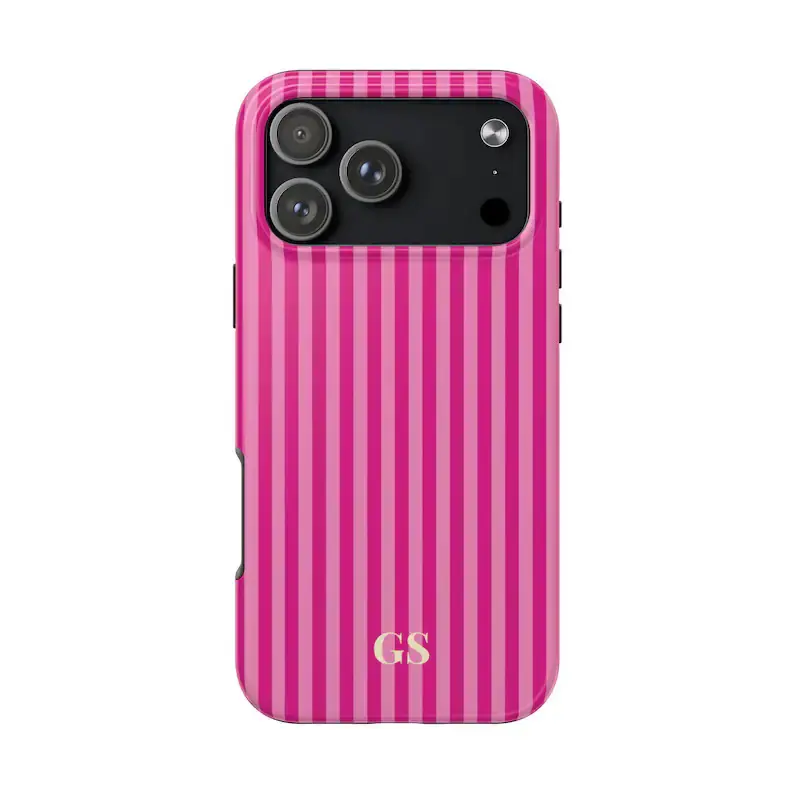 Customized Pink Striped Plastic-TPU iPhone Case - Personalized Monogram, Luminous Tech, Vintage Luxury, Shockproof Anti-Drop, Festive Bow, Preppy Coastal Aesthetic Casing with Protection for iPhone 17,16,15,14,13,12,11 Smartphone Accessories