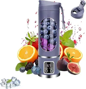 USB-C Rechargeable Portable blender,Personal compact travel juicer cup15OZ for Shakes, Smoothies,Fresh juice,Self-cleaning,Leakproof lid, Smart time display,12 blades,with strong blending Purple