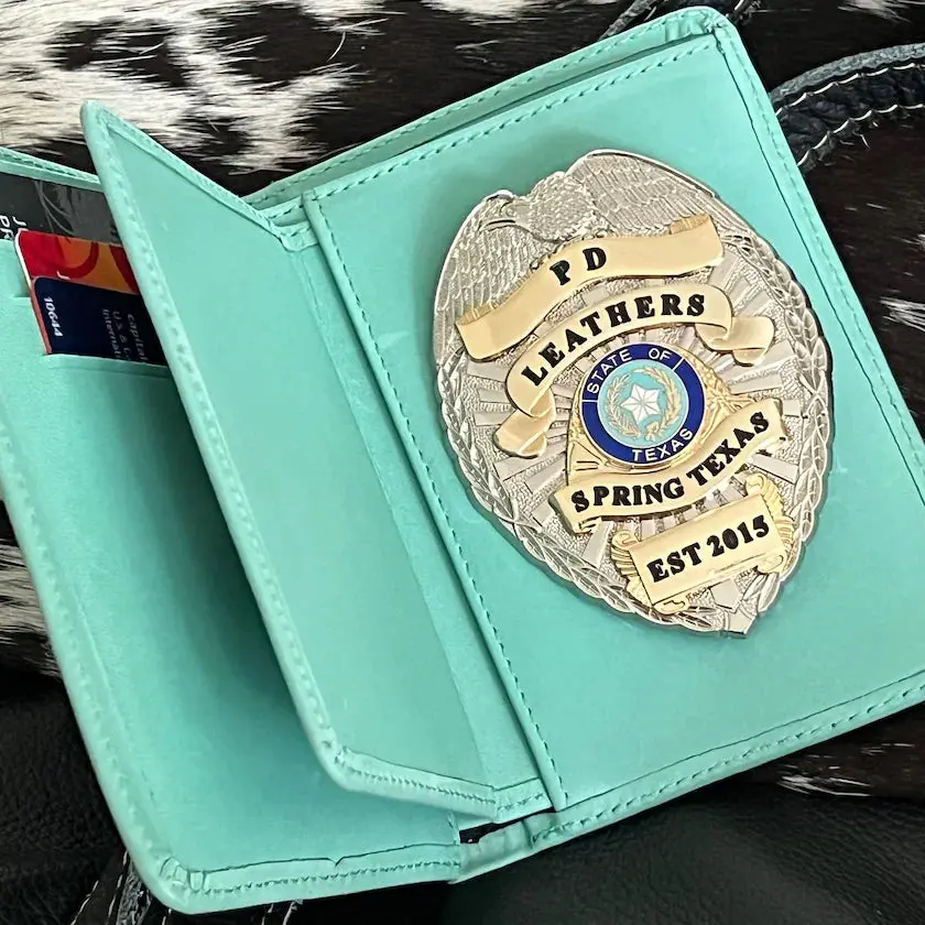 Women's Handmade Craft European Leather Police Badge Wallet - Bi-Fold Slim Design, Reinforced Stitching, Turquoise, ID+Badge Split, Separate Carry, Universal Fit for Pin and Clip Back Badges