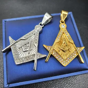 MaxBling81 Unisex Masonic Freemason Symbol Hip Hop Streetwear Stainless Steel Pendant with Cubic Zirconia Decor Bling Charm