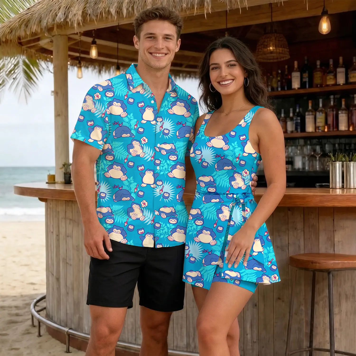 The Big Sleepy Guy 2026 Couple Matching Set, Dress for Her and Shirt Hawaii for Him, Outdoor Beach Summer Trip Apparel For Men Women, Cute Matching Summer Beach Vacation Couple Outfits_070426.R3065.ID00