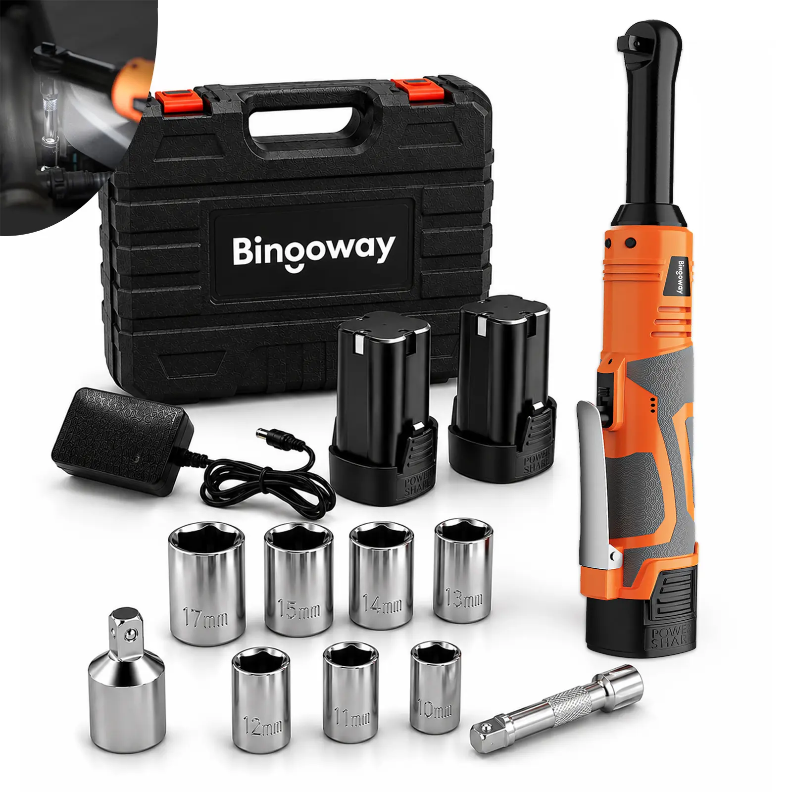 3/8" Cordless Electric Ratchet Wrench Set, Extended LongNeck Cordless Ratchet, 16V 45 ft-lbs Power RatchetKit, 600 RPM, 2 Batteries, LED, 9-Piece Accessory Set& Toolbox for Auto Repair