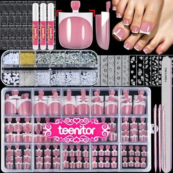 Teenitor Square Toe Nail Press Ons, 150pcs French Tip Press on Toenails with Nail Glue, Thick Toe Press on Nails Fake Toe Nails for Women, 15 Sizes Toe Nails Glue on with Nail Charms for DIY