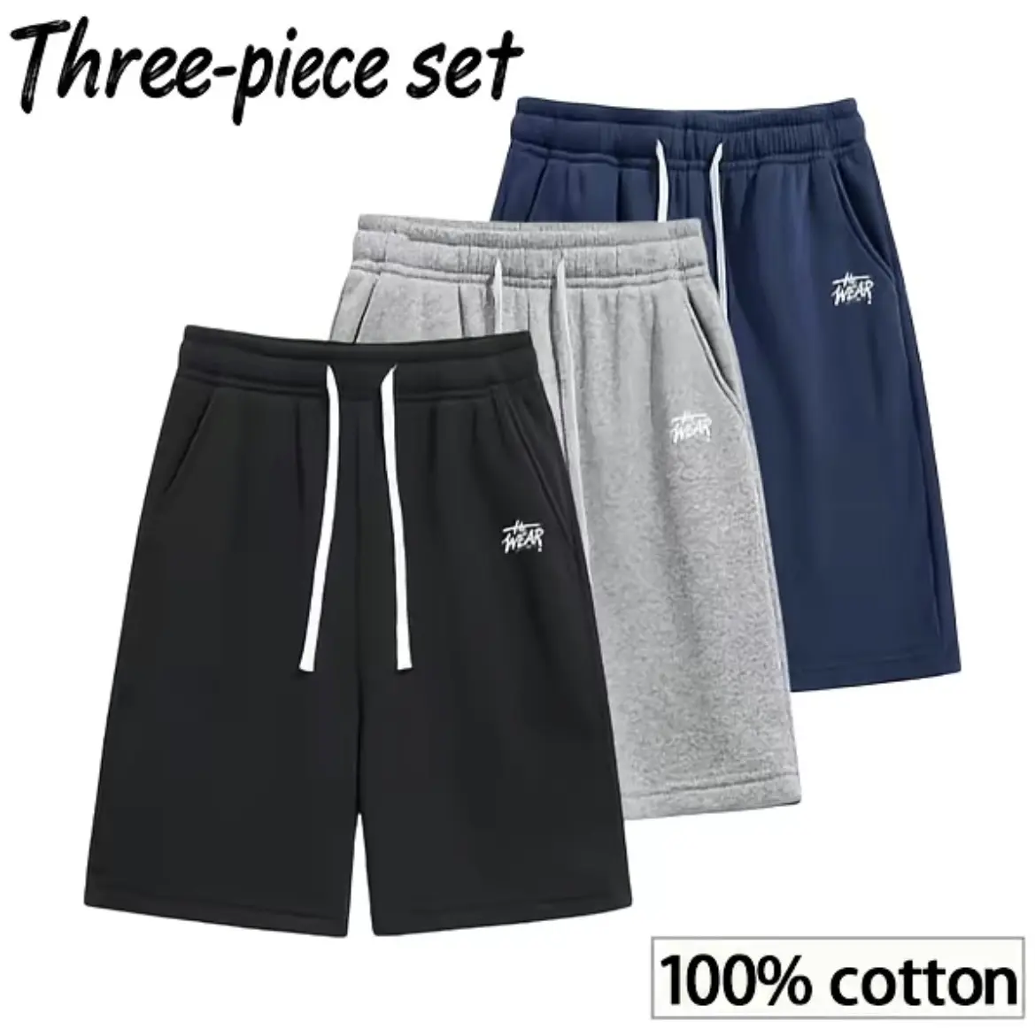 Father’s Day Gift Ideas — Men’s Three-Pack Casual Joggers, 100% Cotton, Mid-Thigh Length, Drawstring Elastic Waist, Embroidered Pockets, Loose Fit Sport Sweatpants Set