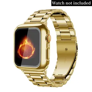 Stainless Steel Watch Band with Tempered Glass Screen Case (2 Counts/set), Watch Band for Apple Watch 49mm 44mm 45mm 40mm 41mm, Smart Watch Straps, Smart Watch Accessories