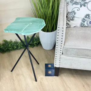 Natural Green Quartz Side Table on Black Metal Base, 24" Tall #1342GQ-003