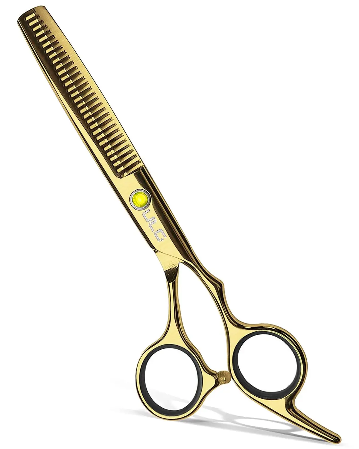 ULG 6.5in Durable Japanese Stainless Steel Professional Barber Hair Thinning Scissors - Smooth Razor Edge Texturizing Shears, Removable Finger Ring, Gold Handle for Salon Hairdressing