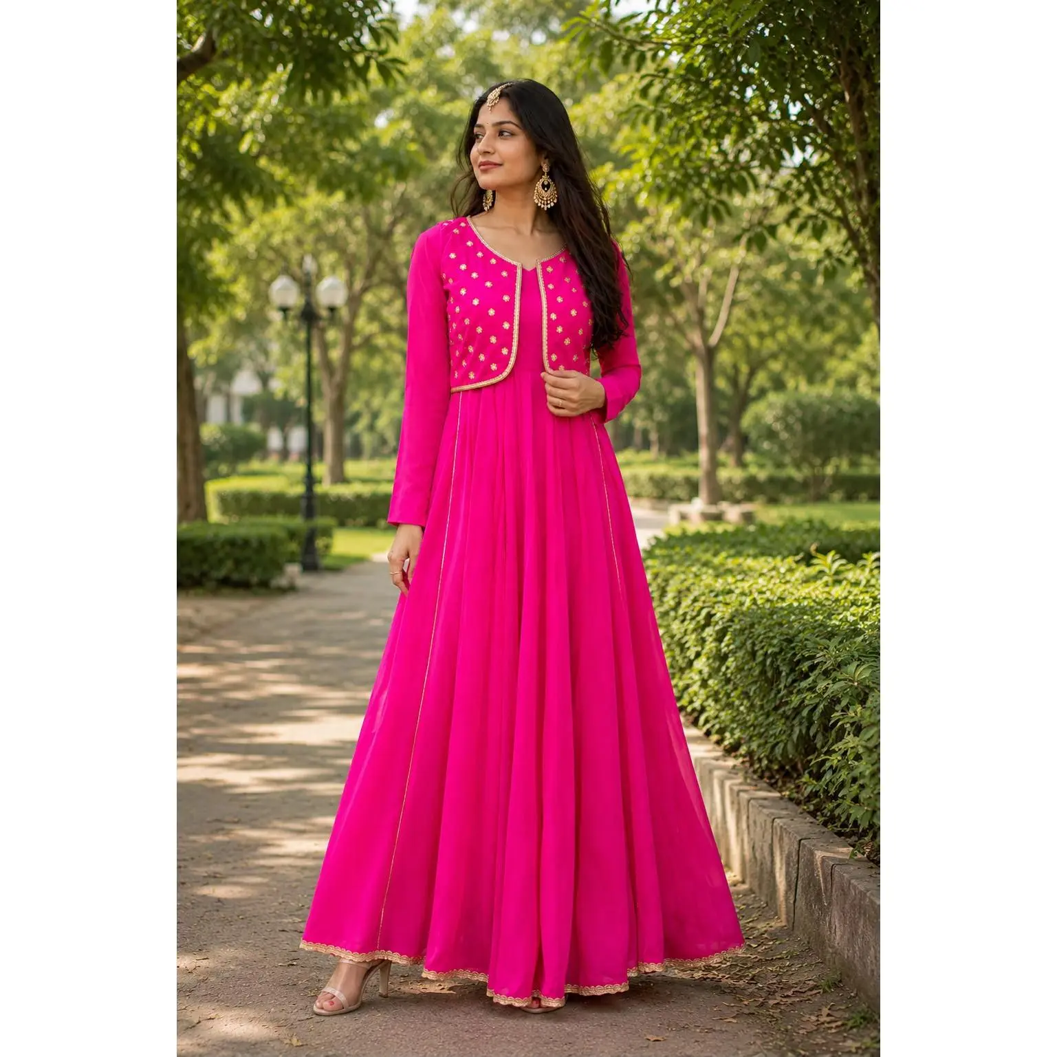 Luxury Rani Pink Georgette Anarkali Set – Hand Embroidered Koti & Lace Hem