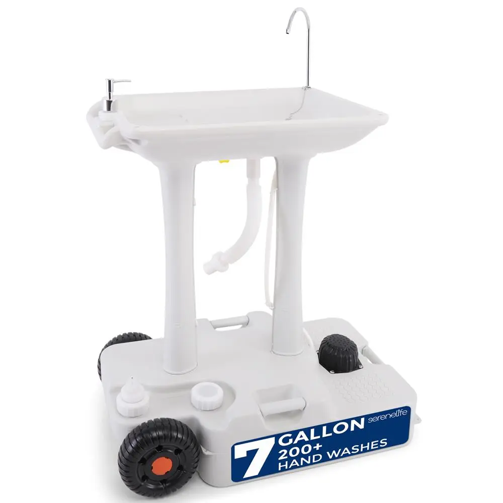 Large Functional Polyethylene Portable Foot Pump Hand Washing Station - Freestanding Outdoor Wash Basin with 30L Fresh Water Tank, 5L Soap Dispenser, Faucet, Drain Hose, Wheels, for Camping, Outdoor Events