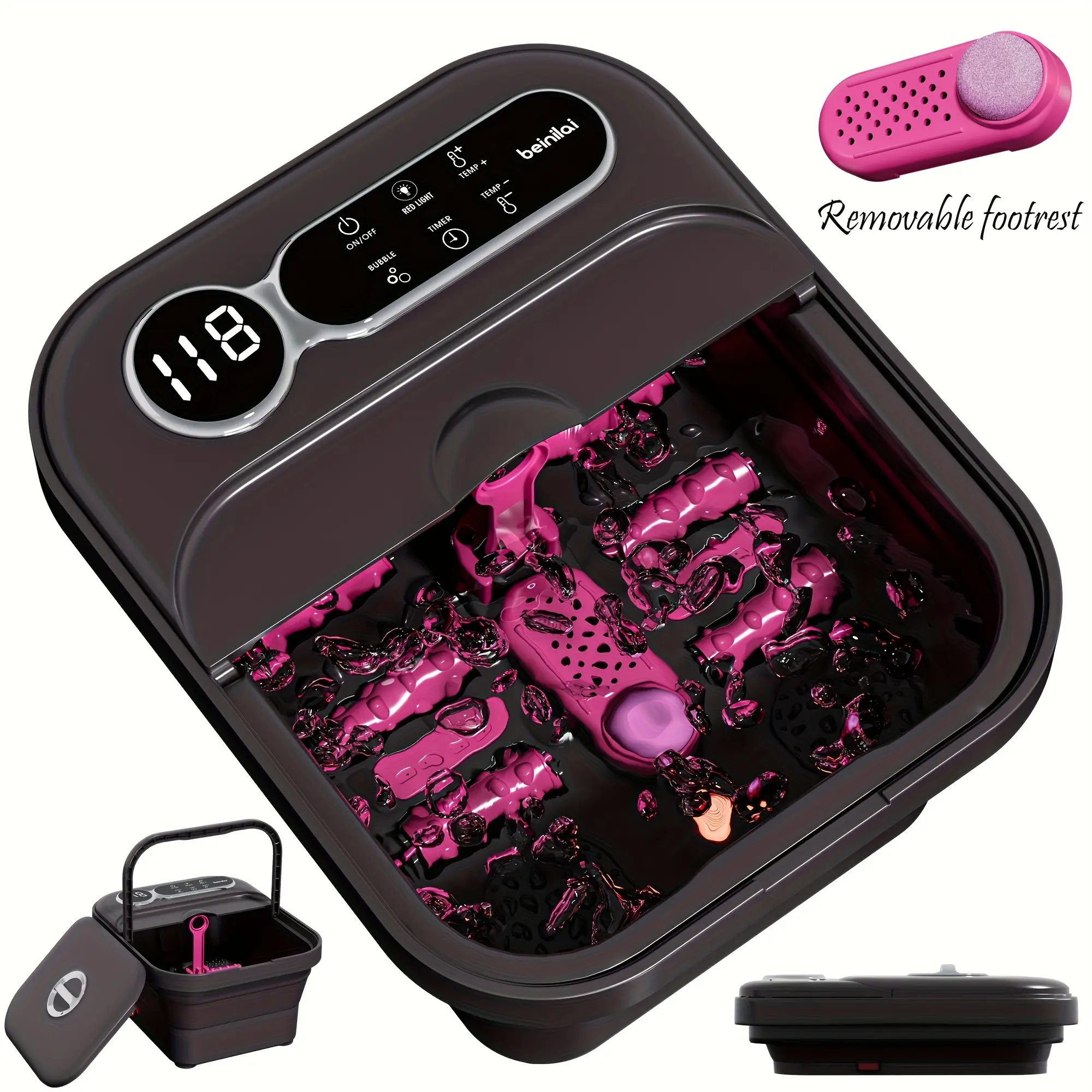 Foldable, self-heating foot cleaner machine; temperature-controlled foot basin with massage rollers, bubbles, and a removable footrest—the perfect gift for family and friends,  Mother's Day gifts., Space-Saving foot massager, Womens Gifts, Bathroom Gadget
