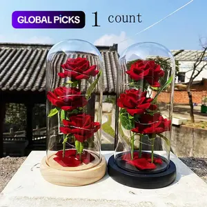 Everlasting Rose in Glass Dome with Light, Decorative Flowers, Artificial Realistic Rose Desktop Ornament (No Battery), Anniversary or Birthday Gift for Mom, Girls or Girlfriend #GLOBAL PICKS