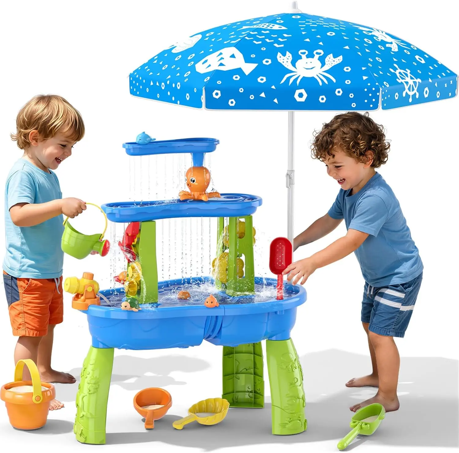 3-Tier Kids ABS Plastic Sand Water Table with Adjustable Umbrella, Outdoor Sensory Toy for Over 3yrs, Summer Splash Activity for Birthdays (Pump & Accessories Not Included), 10 - 12 Years