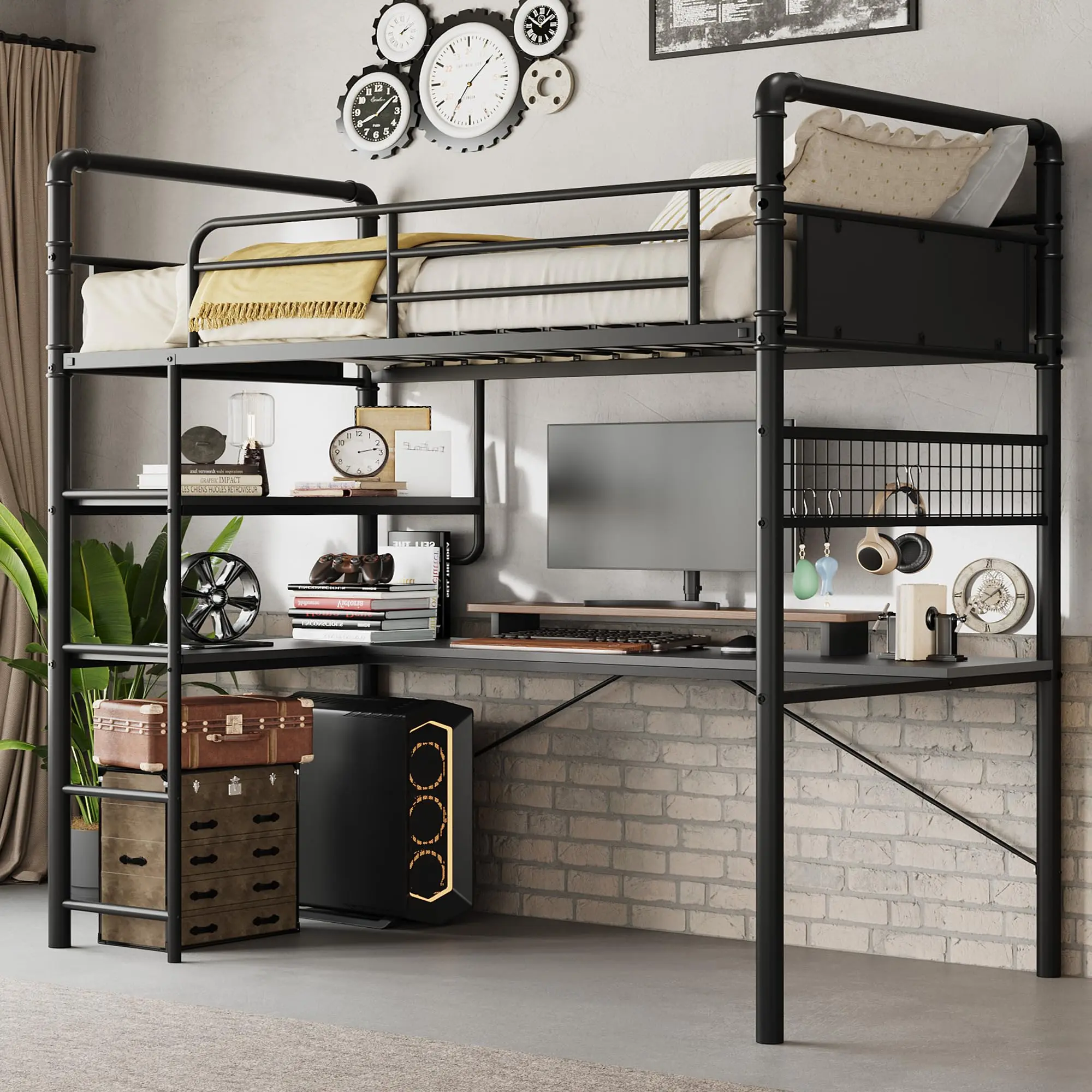 Garvee Loft Bunk Bed with L-Shaped Desk, Twin Loft Bed with Desk Underneath, Metal Bunk Beds with High Guardrail and Ladder, Easy Assembly, Vintage Black Finish for Teens and Adults