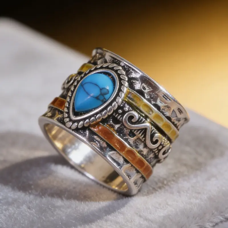 Bohemian Turquoise Teardrop Statement Ring Everyone Obsessed With, Vintage Spinner Promise Ring, Ethnic Western Jewelry for Women, Boho & Festival Wear, Daily Casual Ring