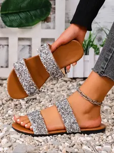 Women's Fashionable Glitter Decorated Slingback Sandals, Casual Comfortable Flat Sandals for Summer, Lightweight Breathable Shoes for Daily Wear, Girl, Flat Heel, Fancy Sandals