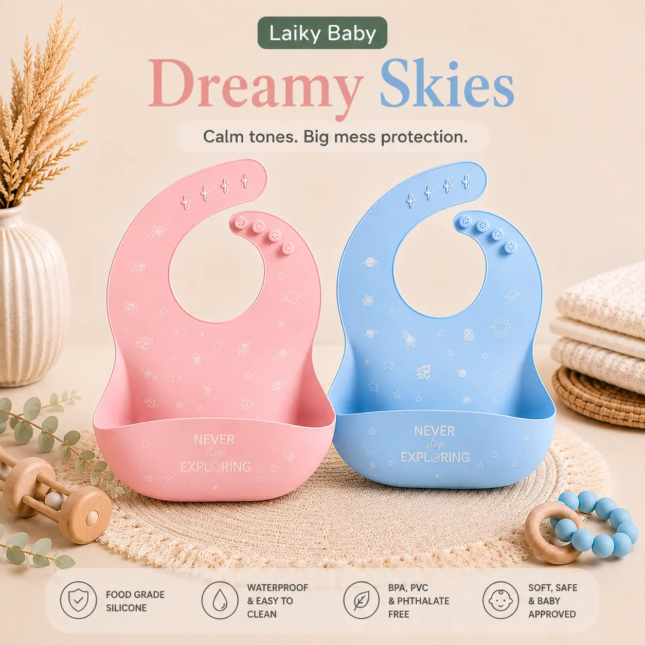 Laiky Baby 2-Pack Silicone Baby Bibs - BPA Free, Adjustable Fit, Large Food Catcher, Waterproof Feeding Bib for Babies & Toddlers